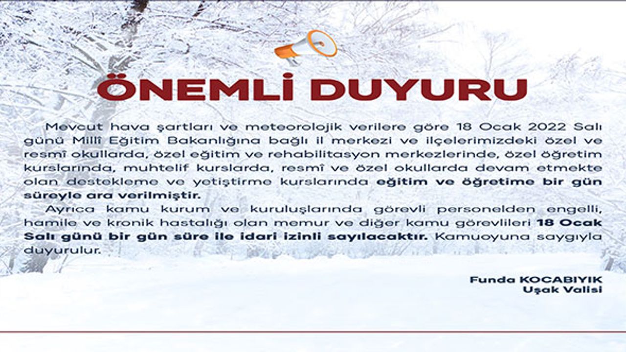 Uşak'ta kar yağışı nedeniyle eğitime 1 gün ara