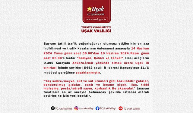 Uşak’ta 14 -16 Haziran Arası Geçişler Yasaklandı
